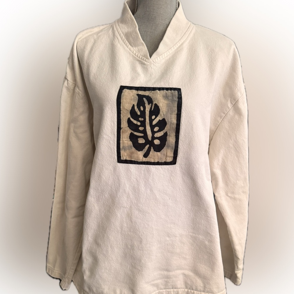 TAYLOR Soft canvas-like cotton sweatshirt Ivory, black/khaki batik warm nice L